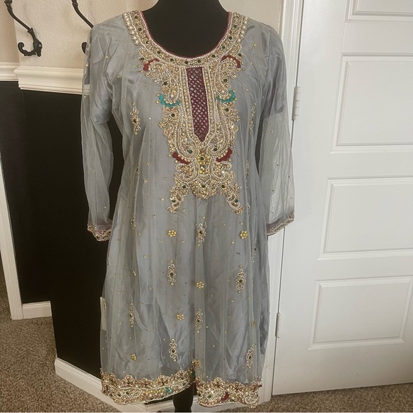 Handmade Beaded Embroidered Dress Pakistani Indian Bollywood Wear Party wear 3pc - Picture 2 of 7